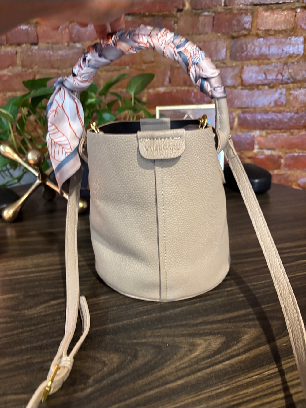 Light Tan Bucket Bag with Twill-Wrapped Handle gold hardware